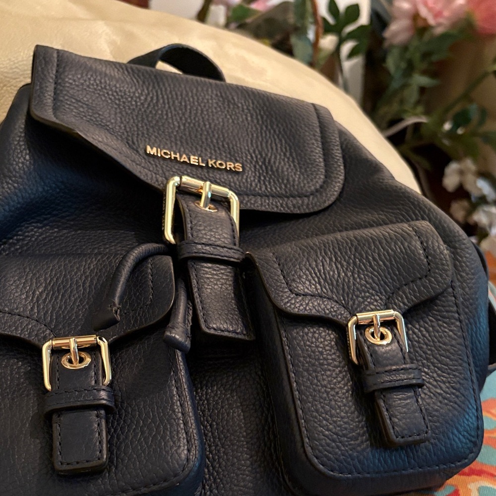 Michael Kors Blue Leather Backpack with Gold Buckles